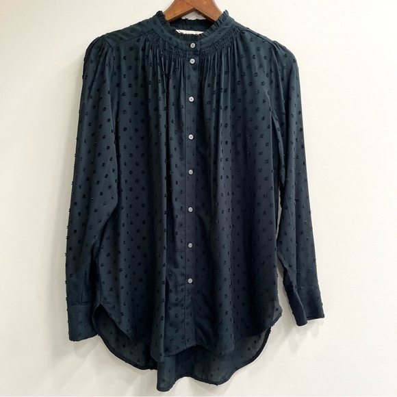 Ann Taylor LOFT Pine Needle Forest Green Ruffle Collar Shirt Swiss Dot Medium - Picture 1 of 8
